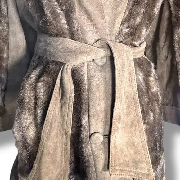 Vintage 70s Tocci England Faux Fur Suede Leather Belted Coat Burgundy Lined - Picture 4 of 16